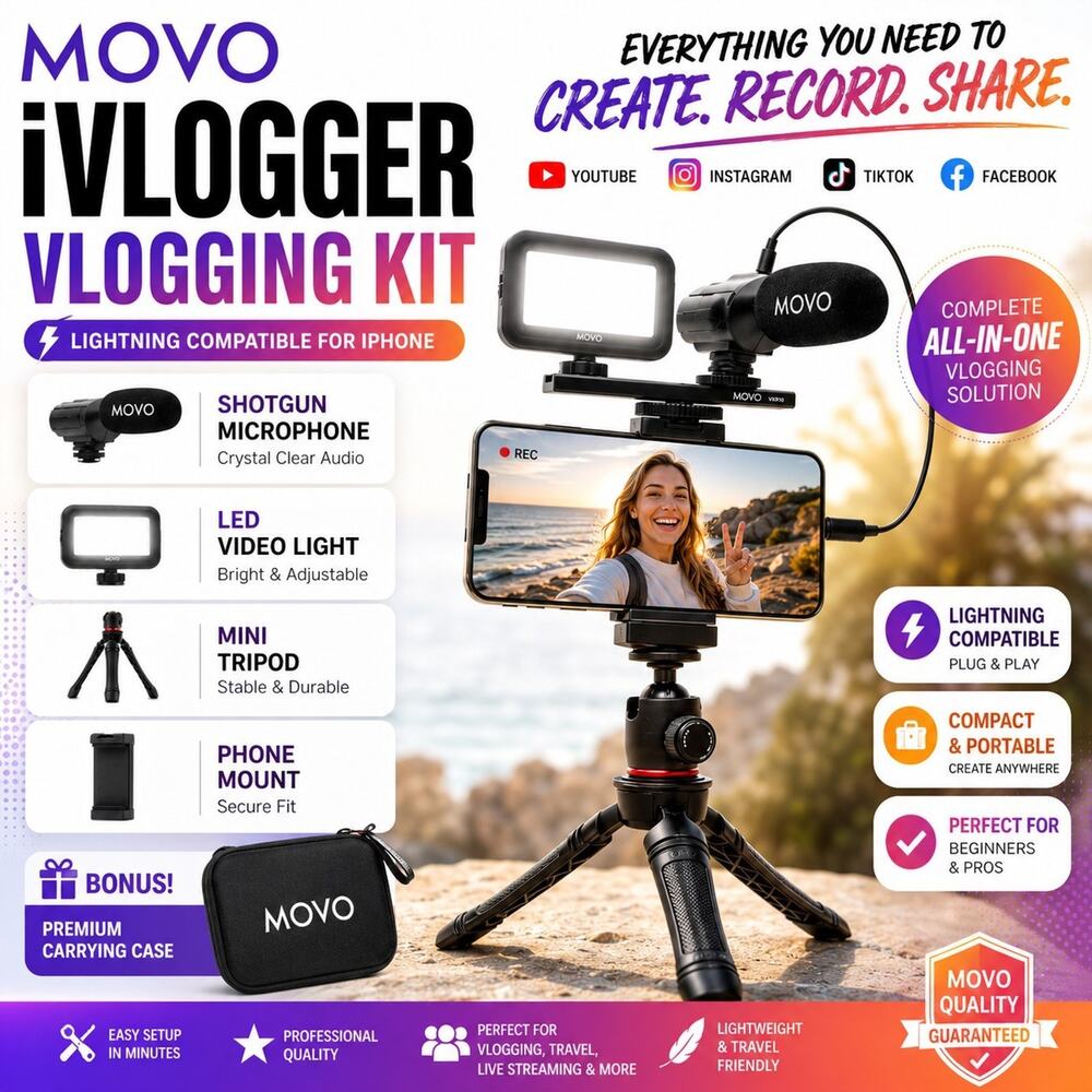 Movo iVlogger Kit for iPhone Compatible Accessories LED Light Shotgun Microphone